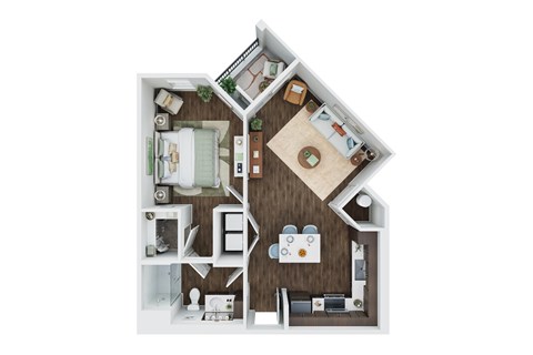 A top down view of a house layout with a kitchen, living room, and bathroom.
